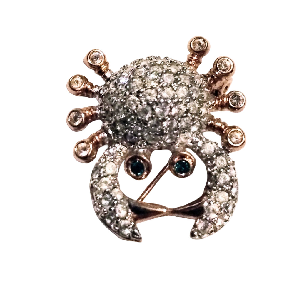 Vtg Gold Plated Pave Small Crab Pin Brooch Signed Gold Crown